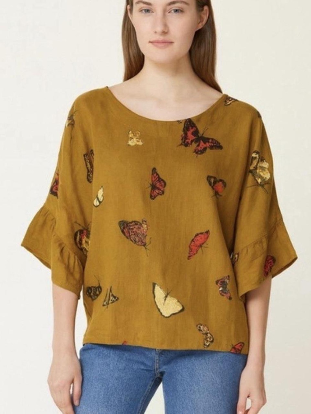 Anthropologie 100% Linen Made in Italy Butterfly Boho Ruffle Sleeve Too Fall
